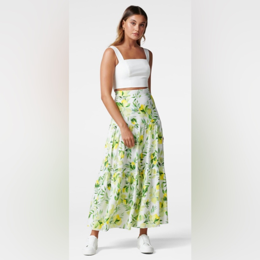 NWT EverNEW Sorrento Lemon print Aria Tiered Maxi Skirt. Viscoe/Linen/Cotton